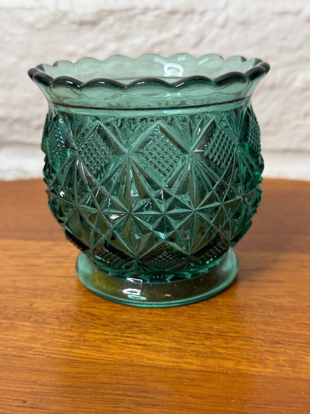 Green Cut Glass Decorative Bowl Ideal For Matches or Vanity Use